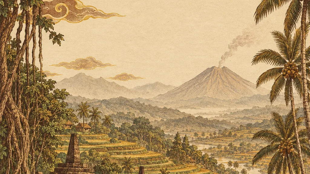 Ilustrasi lanskap sawah terasering dan gunung berapi bernuansa keemasan