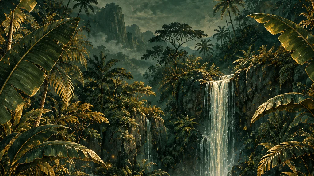 Ilustrasi hutan tropis hijau dengan air terjun