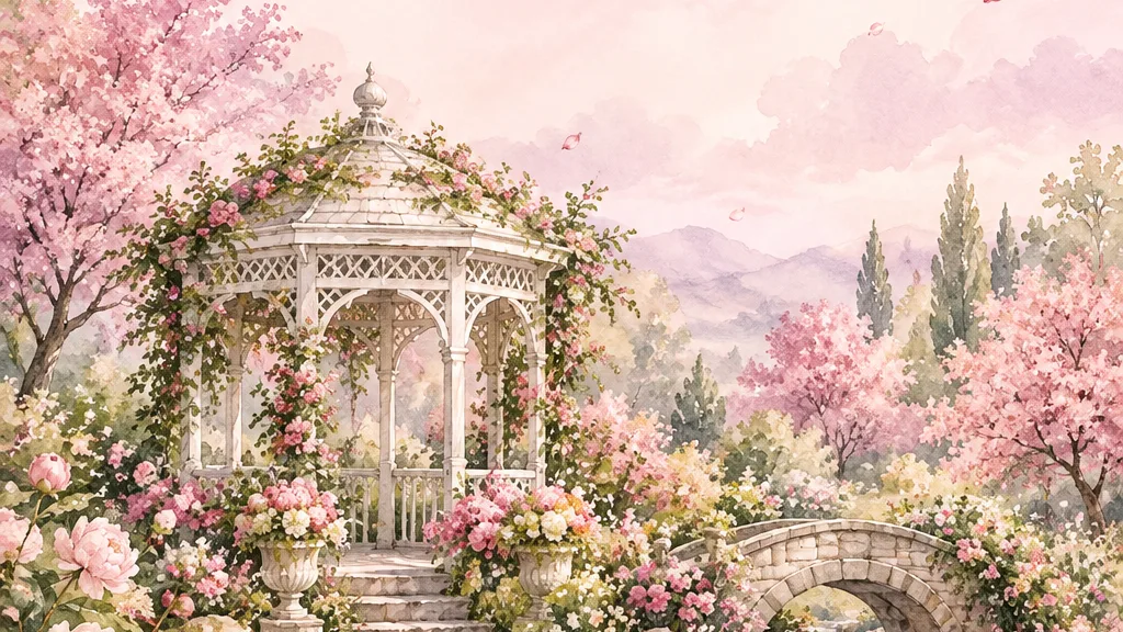 Ilustrasi gazebo putih di taman bunga sakura dan mawar