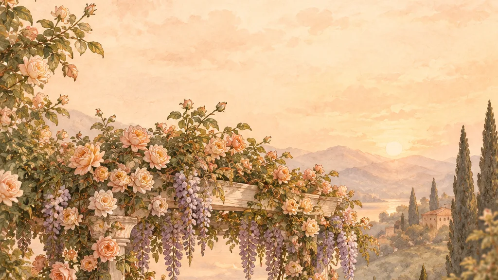 Ilustrasi lengkungan bunga mawar dan wisteria dengan latar matahari terbenam