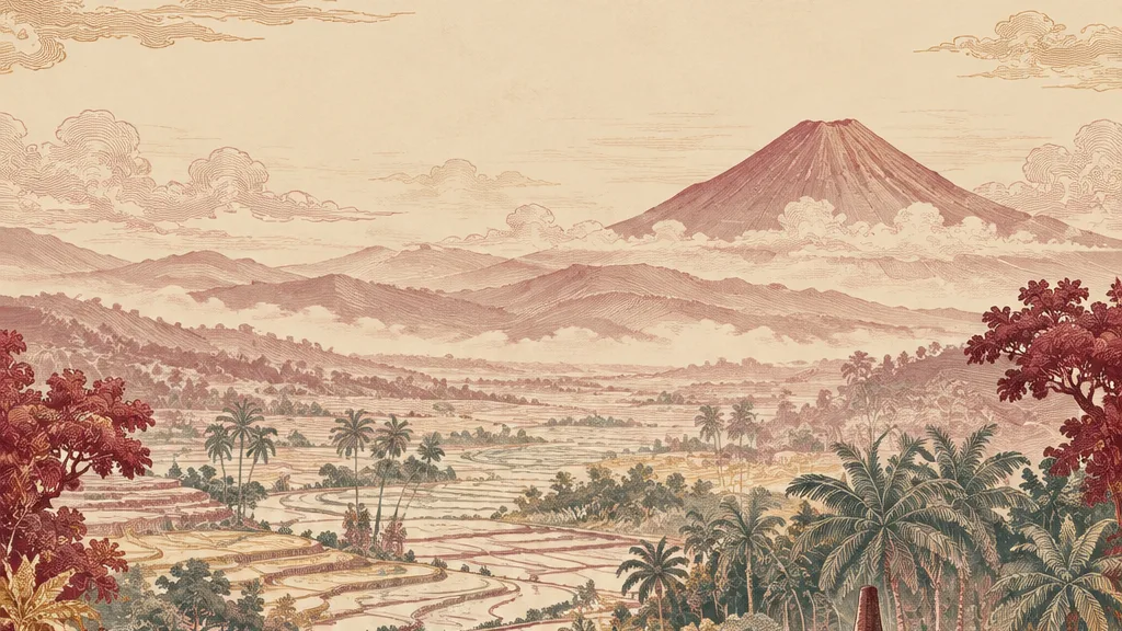 Ilustrasi lanskap sawah dan gunung bernuansa merah marun