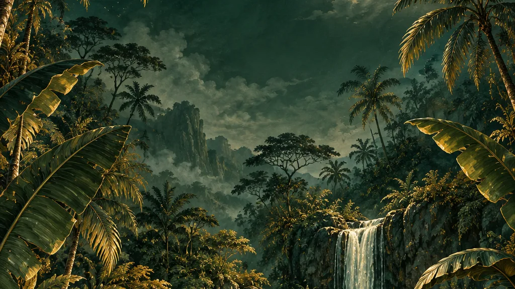 Ilustrasi hutan tropis hijau dengan air terjun