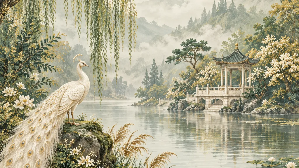 Ilustrasi taman danau dengan pohon dedalu dan burung merak