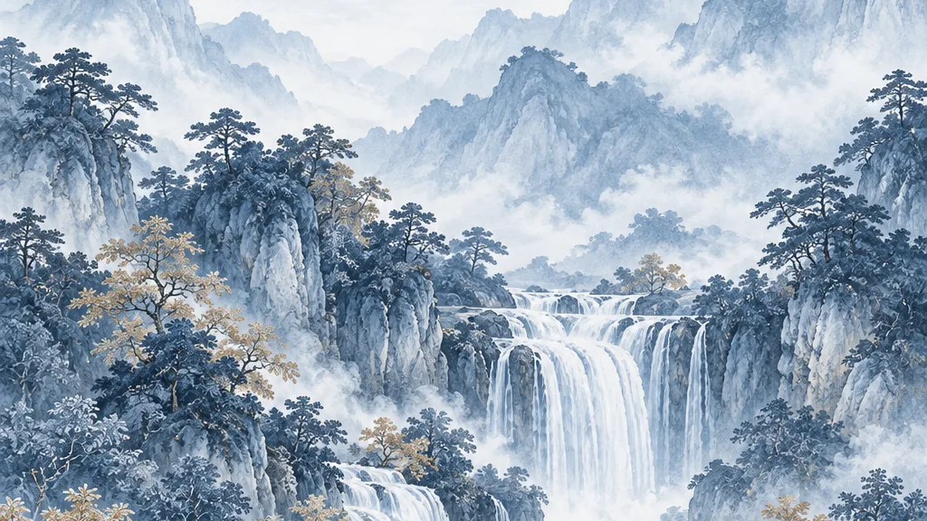 Ilustrasi lukisan pegunungan berkabut dan air terjun bernuansa biru